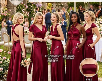 Robe longue infinie en jersey satiné bordeaux foncé avec poches, transformable en robe de demoiselle d'honneur