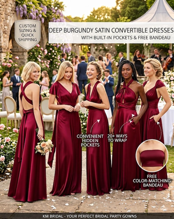 Burgundy Satin Jersey Infinity Gown with Pockets, Convertible Bridesmaid Maxi Dress