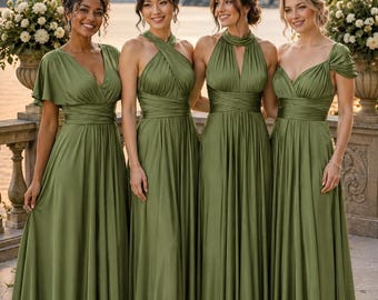 Robe longue maxi en jersey satiné olive à poches, transformable en robe de demoiselle d'honneur, grande taille