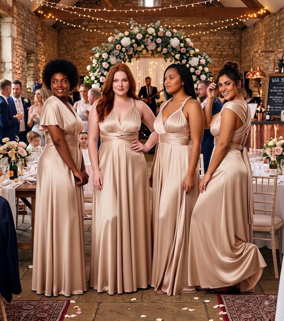 champagne infinity bridesmaid dress Satin Champagne Convertible Bridesmaid Dress, Luxe Satin Jersey Infinity Gown, Pockets 28 (Asymmetrical hem) Regular