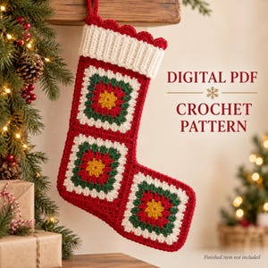 Granny Square Christmas Stocking Crochet Pattern PDF, Patchwork Stocking, Mini Ornament + Coaster, Beginner Friendly Holiday Decor