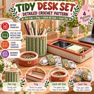 May include: A crochet desk set featuring a sage green ribbed pen cup, a rectangular tray with cream and terracotta edges, a small terracotta catch-all dish, and two sage green cord ties with wooden buttons, all displaying text and icons.