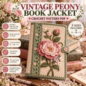 May include: A crochet pattern PDF for a Vintage Peony Book Jacket. The cover features a cream-coloured base with a large pink peony, green leaves, and small flowers. It includes detailed instructions, photo tutorials, and three sizes: S, M, L.