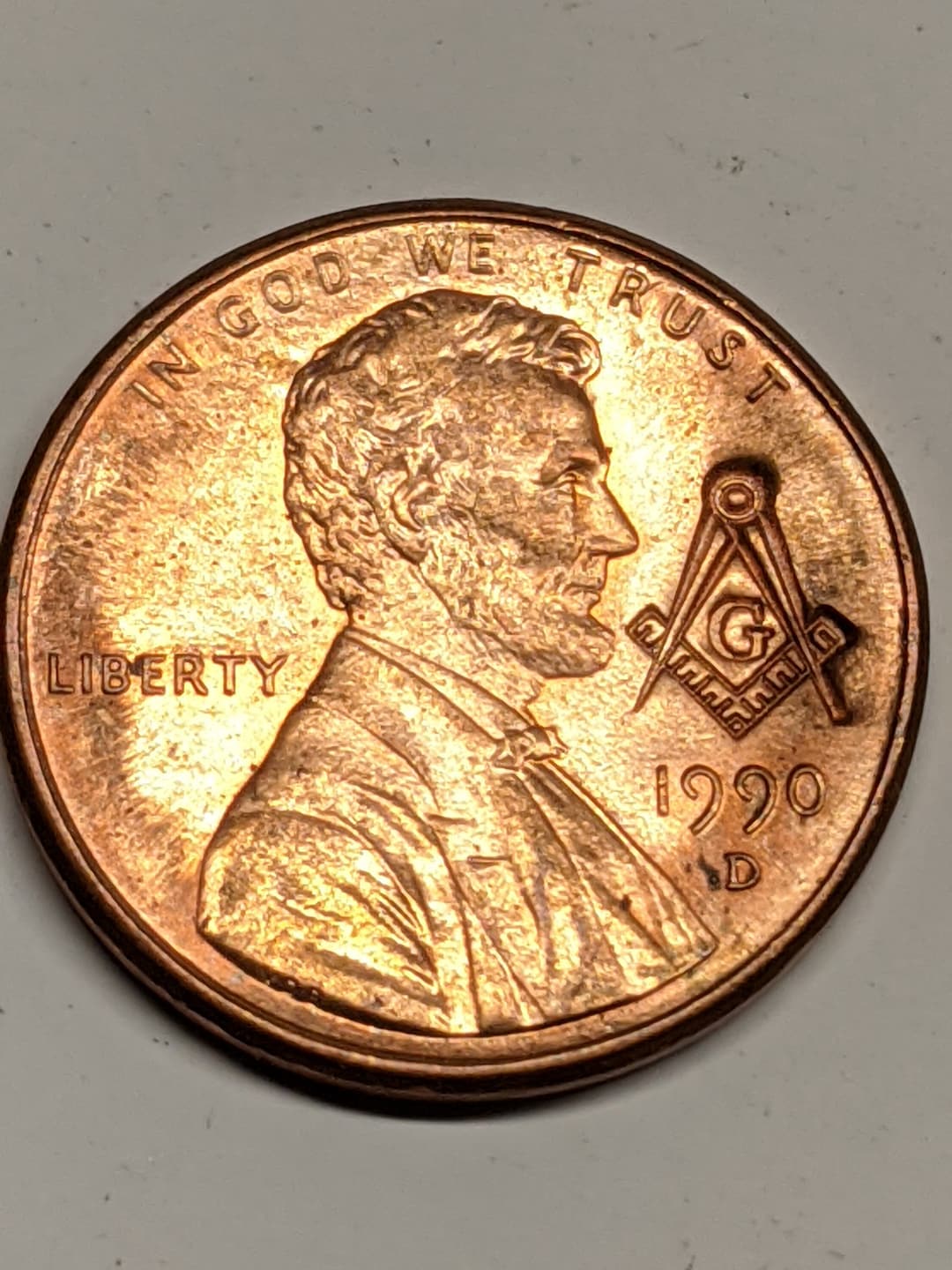 Lincoln Cent Penny With Masonic Counterstamp of Free Mason Compass 1960