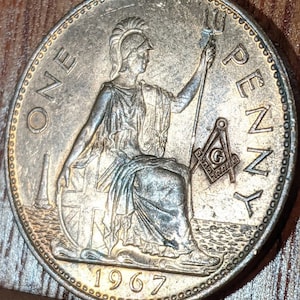 Gran penique masónico británico - ELIGE TU AÑO - Moneda de bronce 1902-1967 - Contraestampada con brújula masónica
