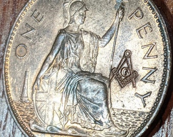 Large British Masonic Penny - PICK YOUR YEAR - 1902-1967 Bronze Coin - Counterstamped with Masonic Compass
