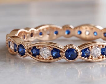 Blue Cubic Zirconia Stackable Ring, Gold Color Eternity Band, Delicate Blue and White Anniversary Ring for Women