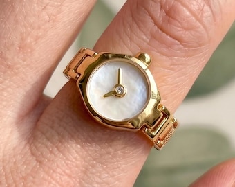 Gold Tone Watch-Inspired Ring, Round Face Statement Ring with Linked Band, Unique Gift for Women