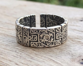 Men's Ornate Wide Band Ring, Silver Tone Adjustable Open Band, Detailed Scroll Pattern, Bold Gift for Him