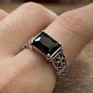 Black Zircon Adjustable Ring, Silver Color Open Band, Men’s Statement Ring, Geometric Cross Pattern Ring