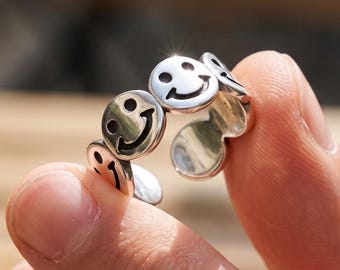Happy Face Adjustable Ring, Silver Tone Open Band, Unisex Wide Band with Smile Motif, Playful Gift