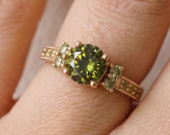 Olive Green Cubic Zirconia Engagement Ring, Round Stone Gold Color Ring for Women