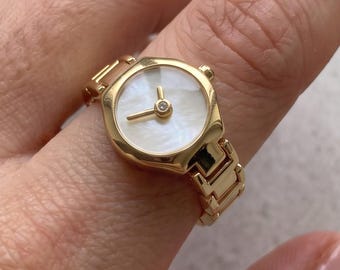 Gold Tone Watch-Inspired Ring, Round Face Statement Ring with Linked Band, Unique Gift for Women