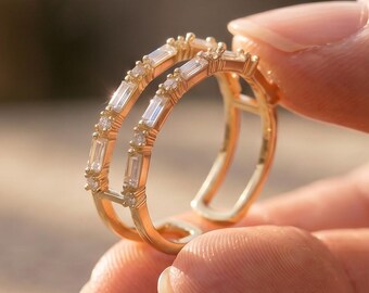 Gold Tone Double Band Ring, Adjustable Open Ring with Baguette Stones, Geometric Multi Stone Design for Women