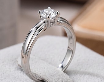 Minimalist Solitaire CZ Ring for Women, Thin Band Engagement Ring, Round Cubic Zirconia Ring, Simple Wedding Ring, Dainty Jewelry Gift