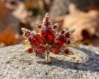 Red Maple Leaf Ring for Women, Gold Tone Zircon Statement Ring, Nature Lover Gift, Autumn Leaf Jewelry