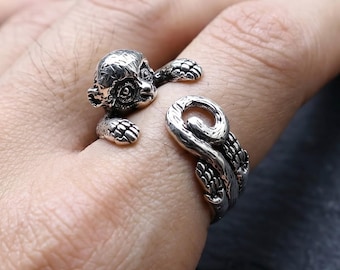 Monkey Open Ring Adjustable Silver Plated Copper Animal Wrap Ring, Unisex Statement Gift