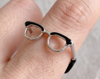 Eyeglasses Ring, Adjustable Black and Silver Tone Open Band, Cute Unisex Glasses Design