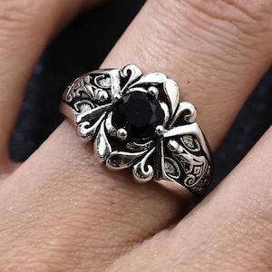 Black Stone Adjustable Ring for Men, Sword and Rose Ring, Silver Tone Statement Ring, Open Band Ring, Gift for Him