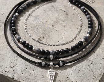 Layered Black Cord Necklace for Men, Beaded Multi Strand Design with Silver Tone Triangle Pendant, Boho Gift for Him