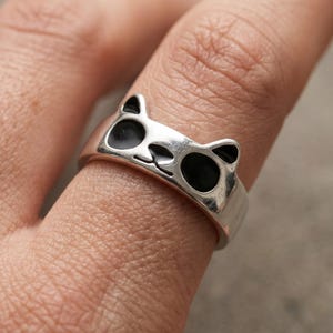 Anel Panda Fofo para Mulheres, Anel com Rosto de Panda Banhado a Prata, Anel com Faixa Animal em Preto e Branco
