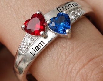 Personalized Couple Ring, Two Heart Birthstone Ring, Custom Name Ring, Engraved Promise Ring