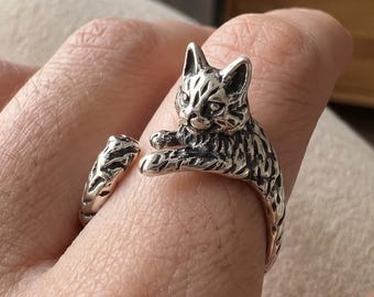 Silver Colored Cat Shaped Adjustable Cute Animal Figurine Jewelry Ring