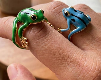 Cute Frog Ring Adjustable Open Ring, Tree Frog Ring, Enamel Frog Ring, Animal Statement Ring, Frog Lover Gift, Nature Jewelry