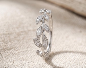 Leaf Moissanite Ring, S925 Sterling Silver Ring, 18K White Gold Plated Vine Ring, Botanical Leaf Band, Minimalist Nature Jewelry