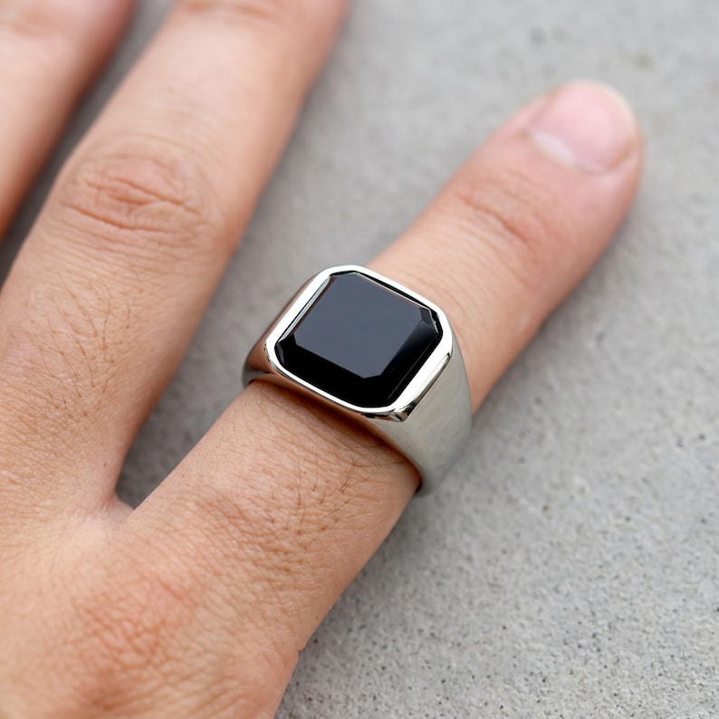 Black Stone Signet Ring, 316L Stainless Steel Rectangular Statement ...