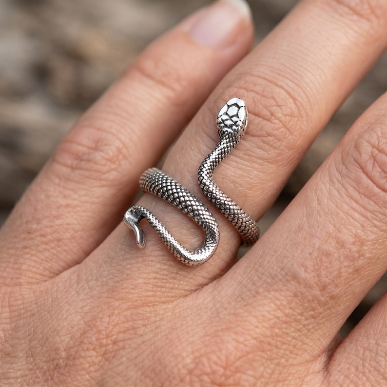 Pode incluir: Um anel de metal prateado em forma de serpente enrolada. O anel apresenta um padr&atilde;o texturizado semelhante a escamas que cobre todo o corpo da serpente, com uma cabe&ccedil;a detalhada numa extremidade e uma cauda afilada na outra extremidade.