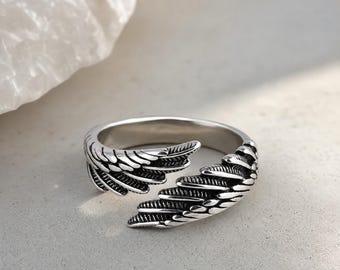 Angel Wing Ring Adjustable Open Ring, Feather Wrap Ring, Silver Wing Statement Ring, Angel Jewelry, Unisex Gift Ring
