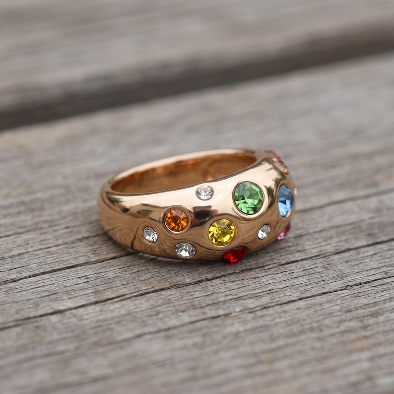 Multicolor Cubic Zirconia Ring for Women, Gold Tone Wide Band Ring, Colorful Multi Stone Statement Ring image 2