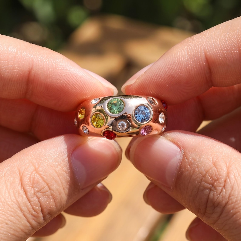 Multicolor Cubic Zirconia Ring for Women, Gold Tone Wide Band Ring, Colorful Multi Stone Statement Ring image 6