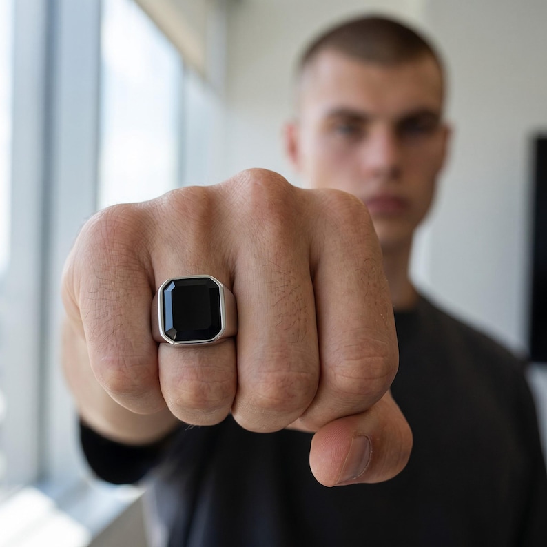 Black Stone Signet Ring, 316L Stainless Steel Rectangular Statement ...