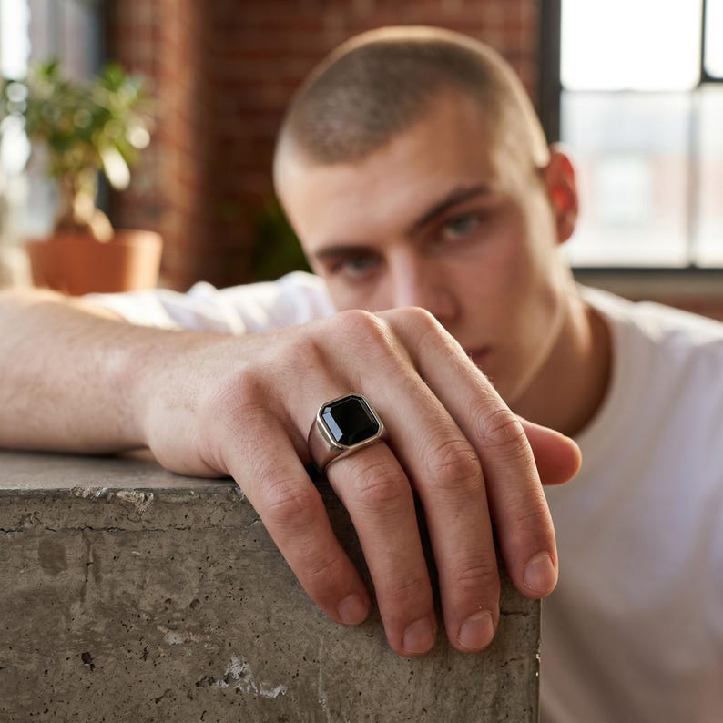 Black Stone Signet Ring, 316L Stainless Steel Rectangular Statement ...