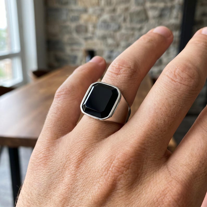 Black Stone Signet Ring, 316L Stainless Steel Rectangular Statement ...