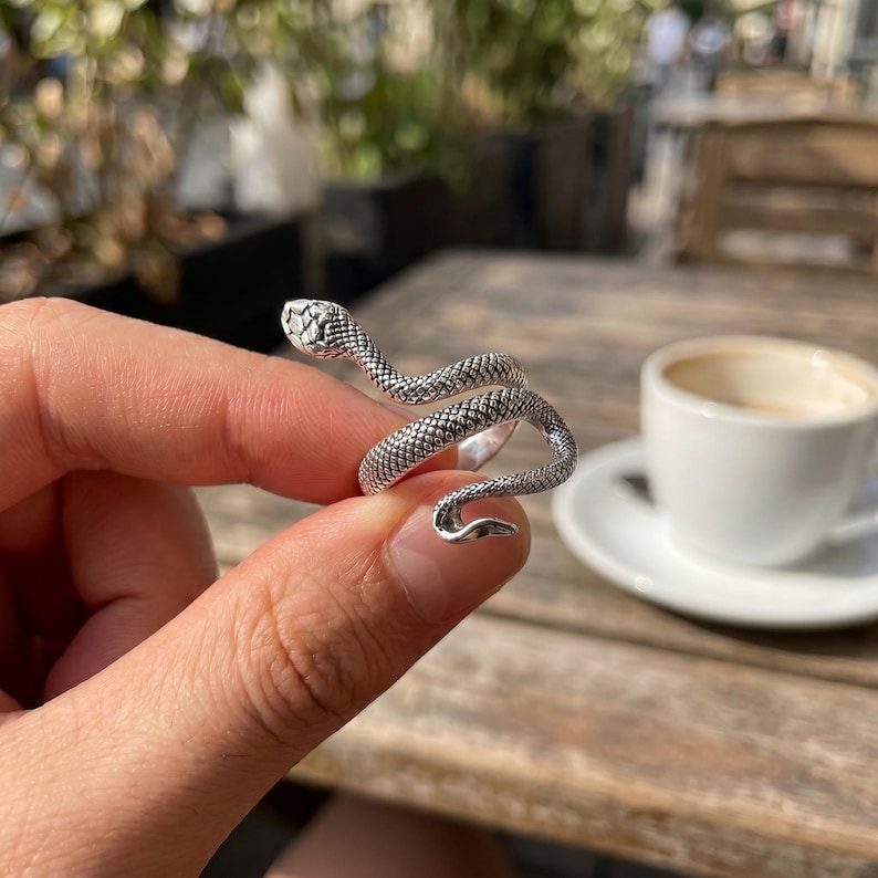 Pode incluir: Um anel de tom prateado em forma de serpente enrolada com texturas de escamas detalhadas cobrindo toda a superf&iacute;cie. A cabe&ccedil;a da serpente est&aacute; posicionada numa extremidade da banda, enquanto a cauda se curva para formar a outra extremidade.