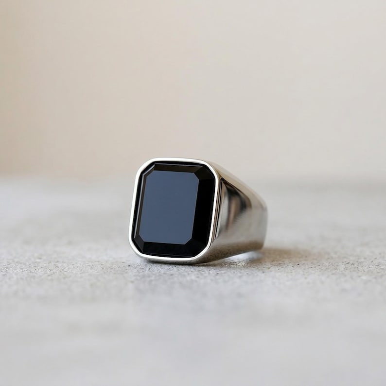 Black Stone Signet Ring, 316L Stainless Steel Rectangular Statement ...