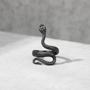 Pode incluir: Um anel preto fosco em forma de serpente enrolada. A banda apresenta um padr&atilde;o de escamas detalhado e texturizado em toda a superf&iacute;cie, com a cabe&ccedil;a da serpente elevada e a cauda curvando-se para formar a base circular do anel.