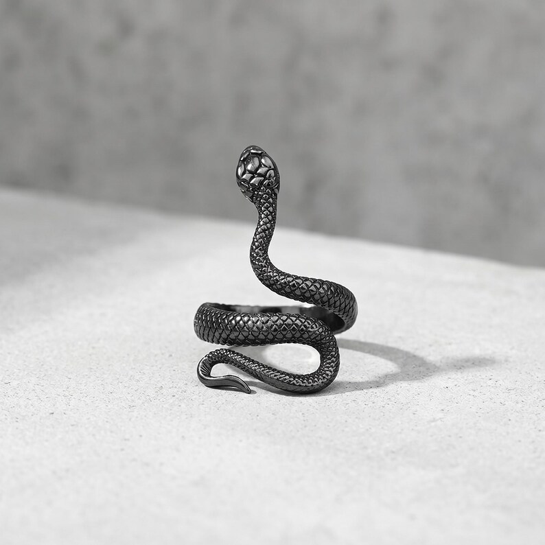 Pode incluir: Um anel preto fosco em forma de serpente enrolada. A banda apresenta um padr&atilde;o de escamas detalhado e texturizado em toda a superf&iacute;cie, com a cabe&ccedil;a da serpente elevada e a cauda curvando-se para formar a base circular do anel.