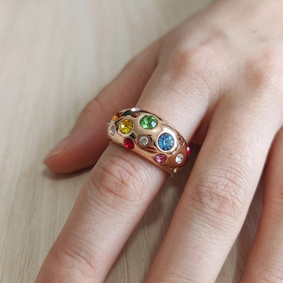 Multicolor Cubic Zirconia Ring for Women, Gold Tone Wide Band Ring, Colorful Multi Stone Statement Ring