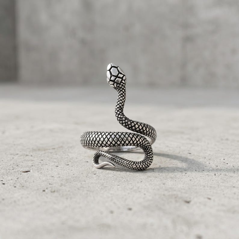 Pode incluir: Um anel de metal prateado em forma de serpente enrolada. O design apresenta um padr&atilde;o de escamas detalhado e texturizado por todo o corpo e cabe&ccedil;a da serpente, com a cabe&ccedil;a elevada e a cauda curvando-se para formar o aro do anel.