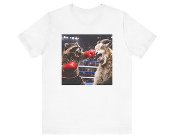 Boxnings-T-shirt med tvättbjörns- och getkamp | Illustration av djurboxning