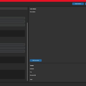 以下が含まれることがあります： 暗い灰色の背景を持つ請求書ジェネレーターインターフェースのスクリーンショット。 インターフェースは、ビジネスとクライアントの情報、明細項目、合計のセクションに分かれています。 ボタンには、「新しい請求書」、「PDFとして保存」、および「アイテムのクリア」が含まれます。