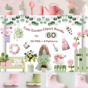 May include: A collection of cute garden-themed clipart elements. The image features a variety of illustrations, including pink boots, watering cans, shovels, and potted plants. The text "Cute Garden Clipart Bundle 60" is displayed prominently.