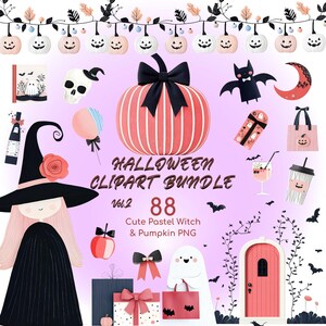Può includere: Un set di clipart digitali di Halloween con una strega, fantasmi, zucche, pipistrelli, un teschio, una mezzaluna, regali e una porta rosa. Il testo recita HALLOWEEN CLIPART BUNDLE Vol.2 88 Cute Pastel Witch & Pumpkin PNG su sfondo viola chiaro.