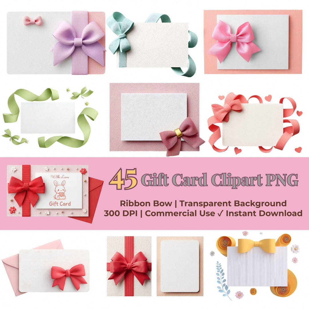 Gift Card Clipart PNG Bundle, Ribbon Bows, Transparent Background ...