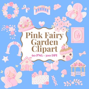 Puede incluir: Una colección digital de Pink Fairy Garden Clipart que presenta ilustraciones de hadas con cabello rosa, coronas de flores, un puente, un cenador, casas pequeñas, mariposas y setas sobre un fondo azul con el texto Pink Fairy Garden Clipart.
