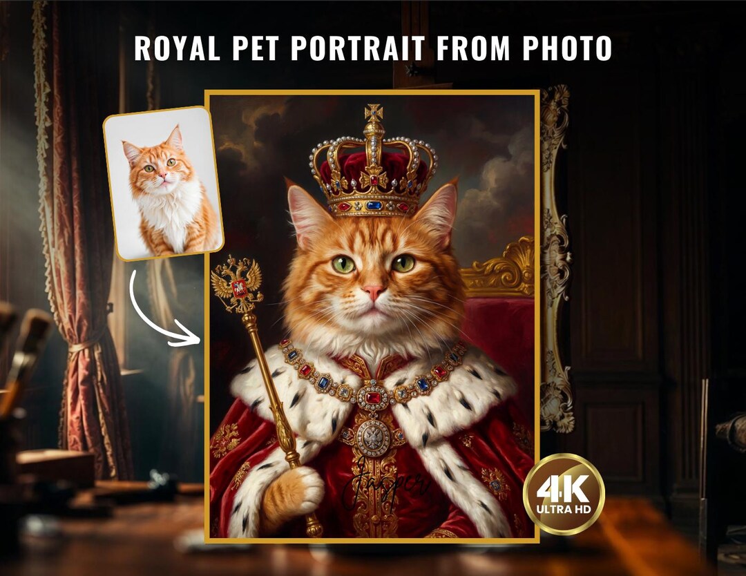 Custom Royal Pet Portrait From Photo, Regal Dog & Cat King Painting ...